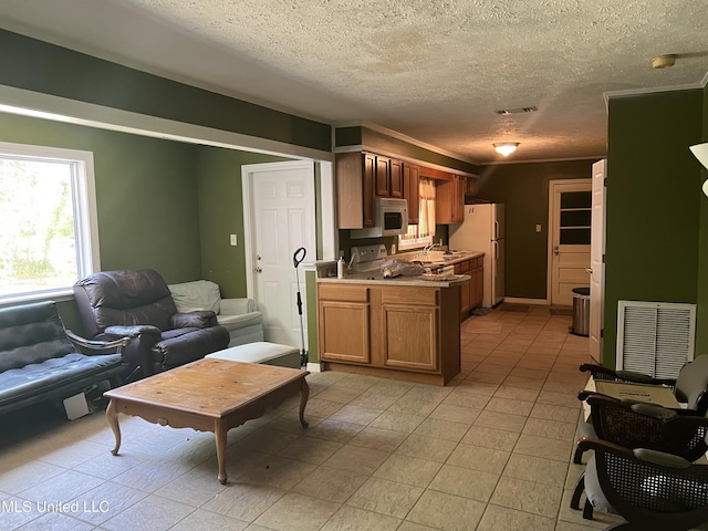 kitchen featuring open floor plan, a textured ceiling, visible vents, and freestanding refrigerator