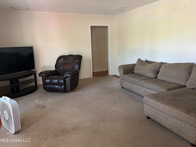 living room featuring light carpet and ornamental molding