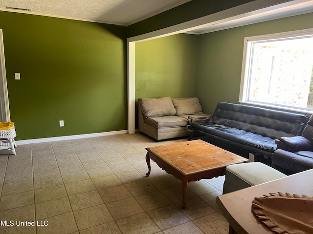 living room featuring crown molding and a textured ceiling