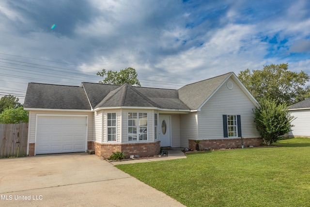 ranch-style house with a front yard and a garage