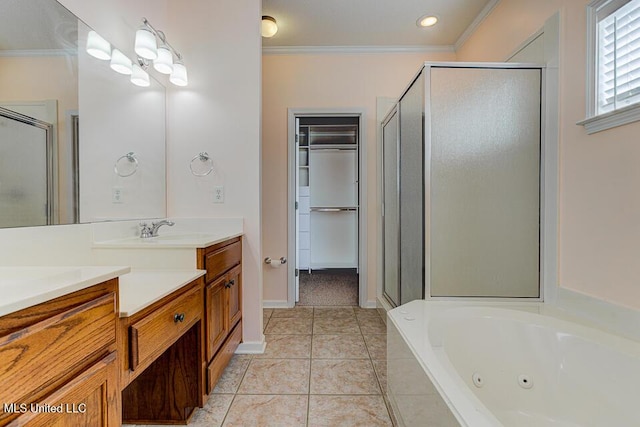 bathroom featuring tile patterned flooring, vanity, ornamental molding, and plus walk in shower