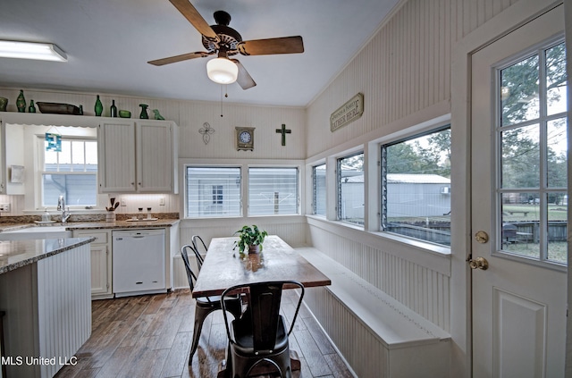 interior space featuring white dishwasher, light stone countertops, plenty of natural light, white cabinets, and light wood-type flooring