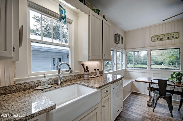 kitchen featuring dishwasher, plenty of natural light, white cabinetry, and dark hardwood / wood-style floors