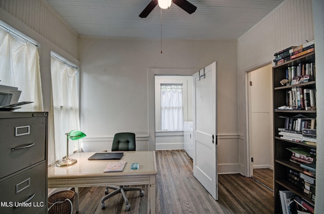 office featuring wood-type flooring and ceiling fan