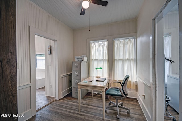 office space featuring ceiling fan and dark hardwood / wood-style floors