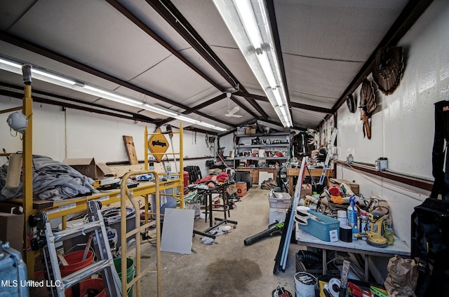 garage with a workshop area