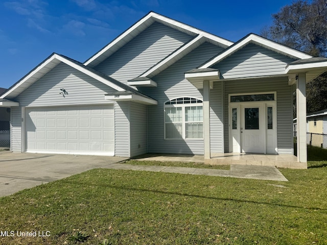 ranch-style house featuring concrete driveway, a front yard, and a garage