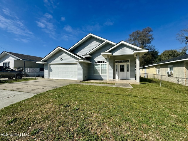 view of front of home with a front lawn, driveway, fence, cooling unit, and a garage