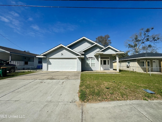 ranch-style house with a front lawn, fence, a garage, and driveway