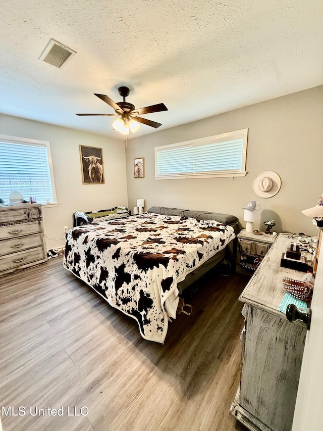 412 Monica Ln, Pearl, MS 39208 - bedroom with dark wood finished floors, multiple windows, a ceiling fan, and a textured ceiling