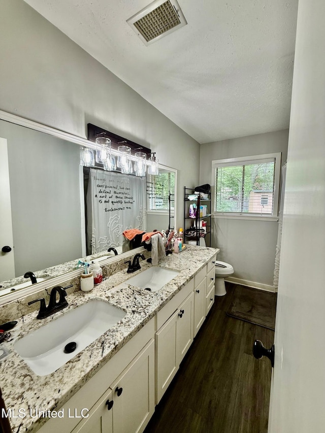 412 Monica Ln, Pearl, MS 39208 - bathroom featuring toilet, wood finished floors, baseboards, double vanity, and a textured ceiling