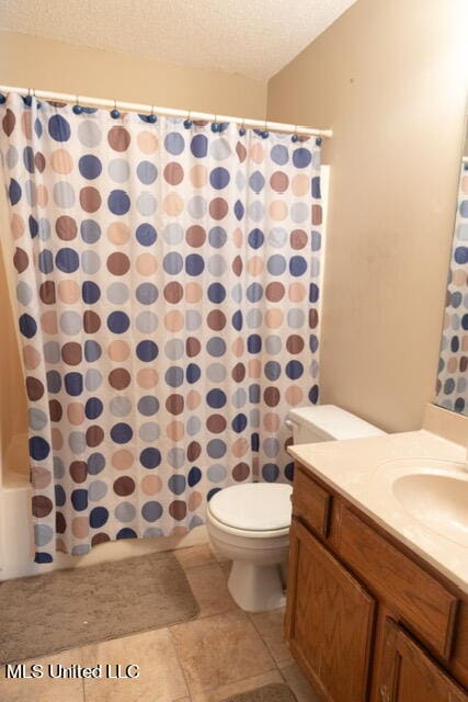 full bathroom featuring vanity, shower / tub combo, a textured ceiling, and toilet