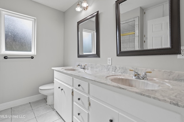 bathroom featuring tile patterned flooring, vanity, toilet, and a wealth of natural light