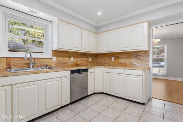 kitchen featuring an inviting chandelier, sink, stainless steel dishwasher, ornamental molding, and light tile patterned flooring