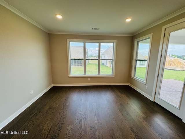 3919 Mcelroy Farms Dr, Olive Branch, MS 38654 - empty room featuring crown molding, plenty of natural light, dark wood finished floors, and recessed lighting