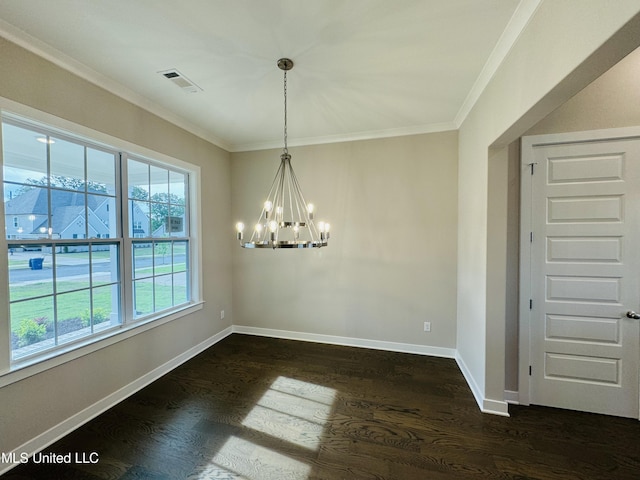 3919 Mcelroy Farms Dr, Olive Branch, MS 38654 - unfurnished dining area featuring a chandelier, dark wood-type flooring, and ornamental molding
