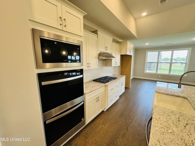 3919 Mcelroy Farms Dr, Olive Branch, MS 38654 - kitchen featuring appliances with stainless steel finishes, dark wood-type flooring, under cabinet range hood, light stone counters, and white cabinets