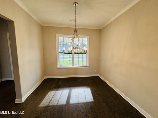 3919 Mcelroy Farms Dr, Olive Branch, MS 38654 - unfurnished dining area featuring dark wood-style flooring, a chandelier, and ornamental molding