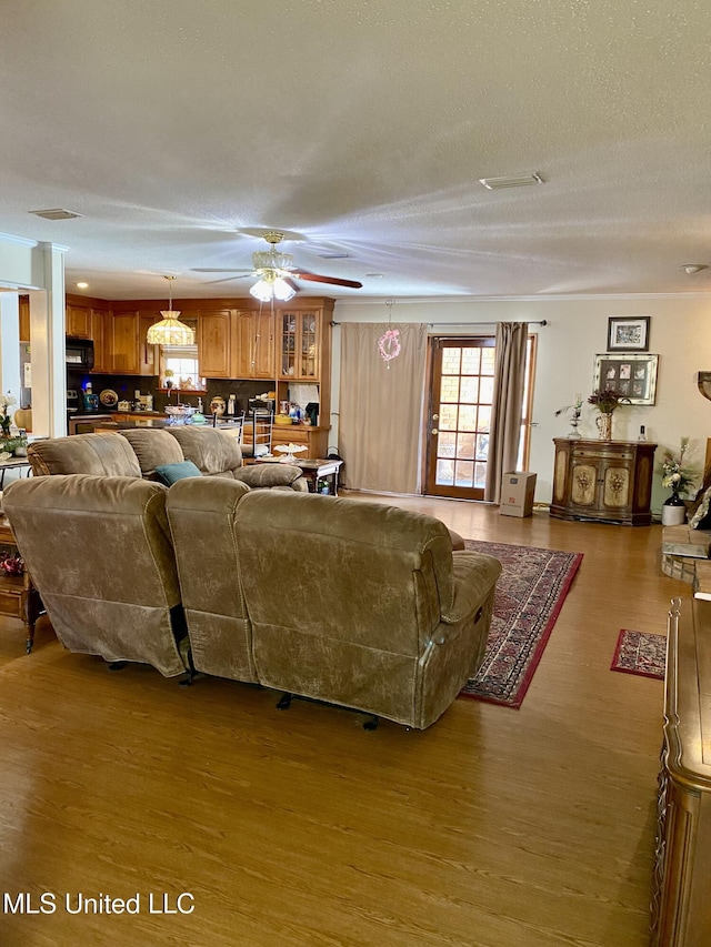 living room with a healthy amount of sunlight, a textured ceiling, and wood finished floors