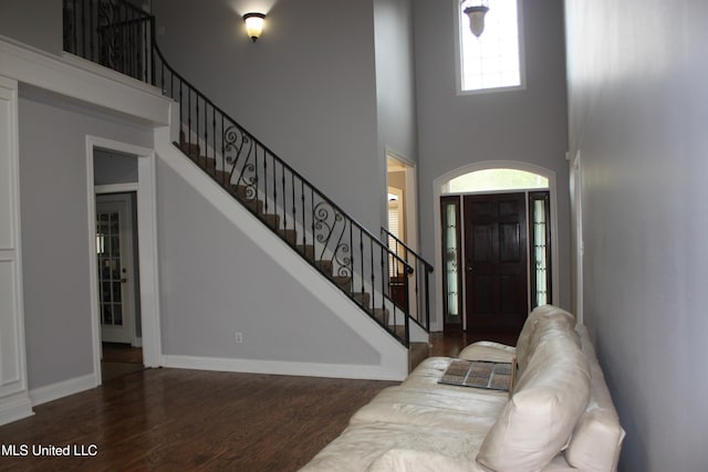 entrance foyer featuring a wealth of natural light, wood-type flooring, and a high ceiling