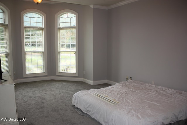 carpeted bedroom featuring multiple windows and crown molding