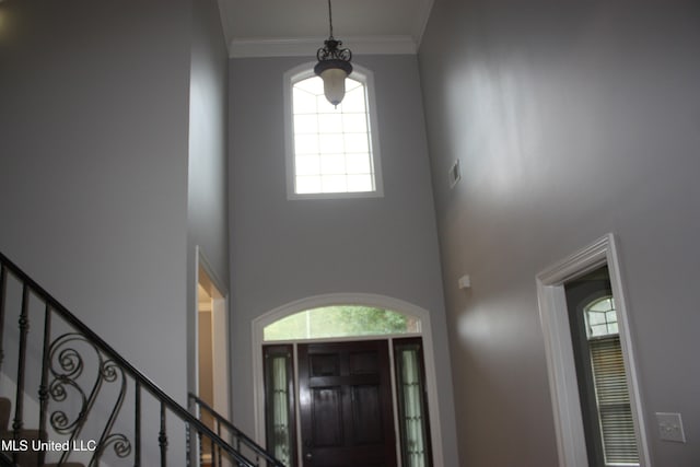 entryway with ornamental molding, plenty of natural light, and a high ceiling