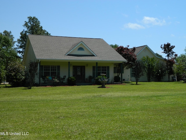 farmhouse with a front lawn, a porch, and a shingled roof