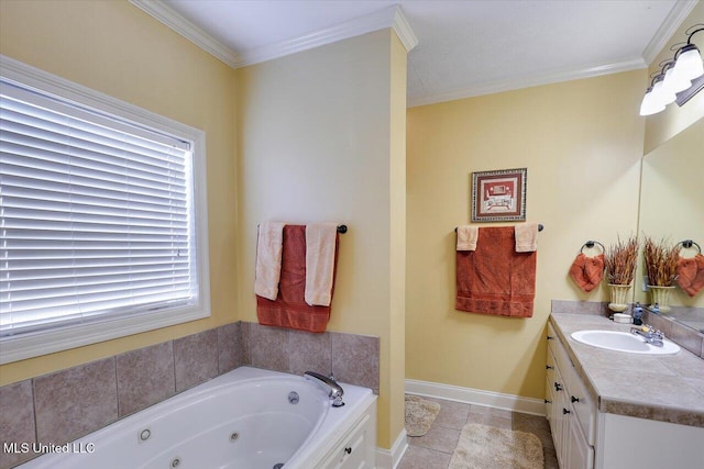 bathroom featuring vanity, tile patterned floors, crown molding, and a bath