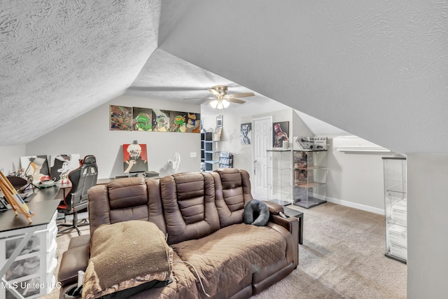 1201 Arbor Hill Dr, Brandon, MS 39042 - carpeted cinema with a textured ceiling, lofted ceiling, baseboards, and ceiling fan