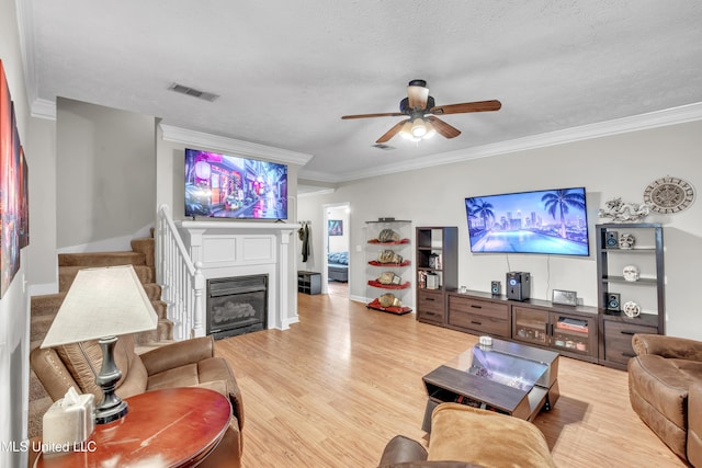 1201 Arbor Hill Dr, Brandon, MS 39042 - living room featuring ceiling fan, ornamental molding, light wood-type flooring, baseboards, and a glass covered fireplace