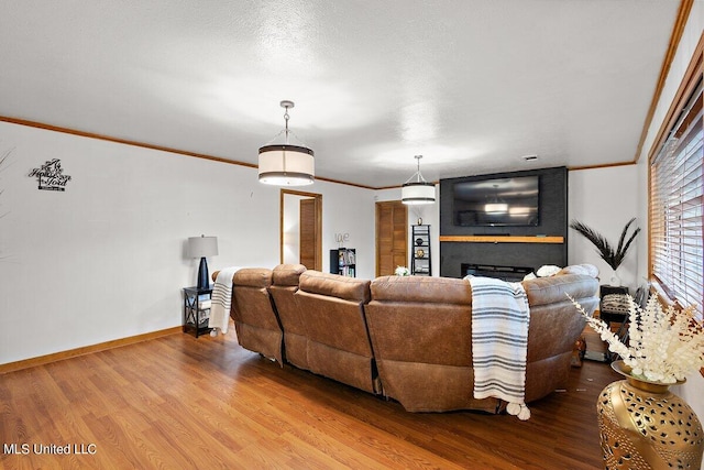 living room with crown molding, a textured ceiling, wood-type flooring, and a large fireplace