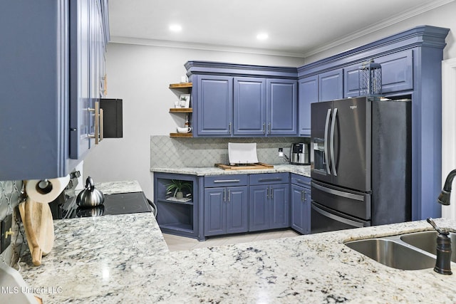 108 Kenbridge Ln, Madison, MS 39110 - kitchen with stainless steel fridge with ice dispenser, open shelves, a sink, blue cabinetry, and ornamental molding