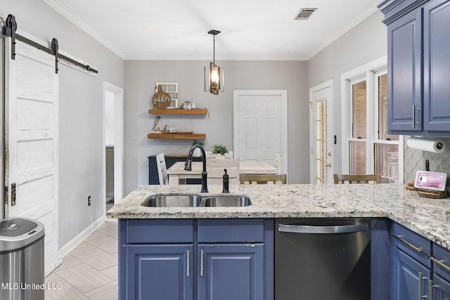 108 Kenbridge Ln, Madison, MS 39110 - kitchen with dishwasher, a sink, blue cabinets, a barn door, and crown molding