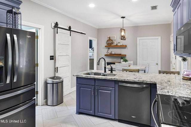 108 Kenbridge Ln, Madison, MS 39110 - kitchen with refrigerator with ice dispenser, dishwasher, blue cabinetry, a barn door, and a sink