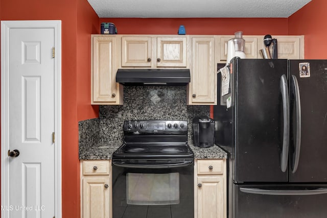 3005 Robalo Dr, Gautier, MS 39553 - kitchen with black appliances, under cabinet range hood, tasteful backsplash, and light brown cabinets