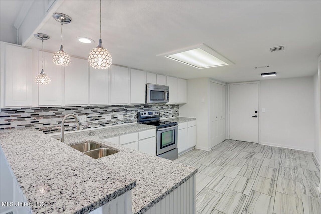 kitchen featuring decorative light fixtures, white cabinetry, sink, kitchen peninsula, and stainless steel appliances