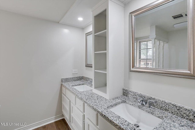 bathroom with vanity and wood-type flooring