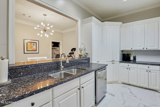30 Charleston Cir, Brandon, MS 39047 - kitchen with dishwasher, white cabinets, dark stone counters, a chandelier, and ornamental molding