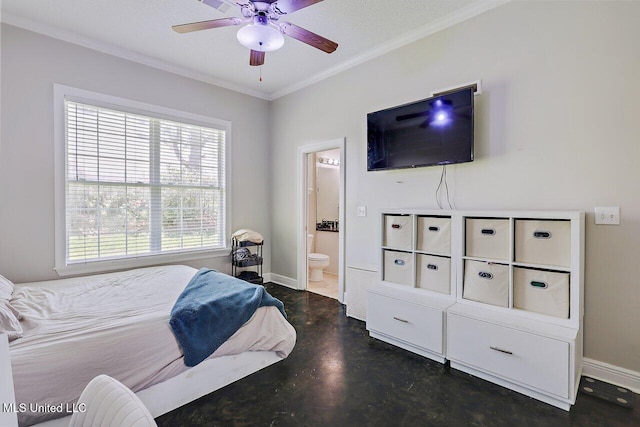 30 Charleston Cir, Brandon, MS 39047 - bedroom featuring ornamental molding, multiple windows, ensuite bath, concrete floors, and ceiling fan