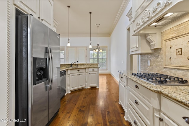130 Camden Xing, Madison, MS 39110 - kitchen with appliances with stainless steel finishes, backsplash, ornamental molding, a peninsula, and dark wood-style floors