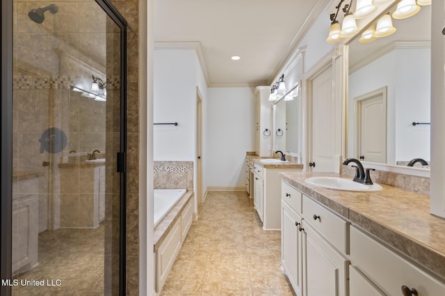 130 Camden Xing, Madison, MS 39110 - full bath with a shower stall, two vanities, a garden tub, ornamental molding, and tile patterned floors