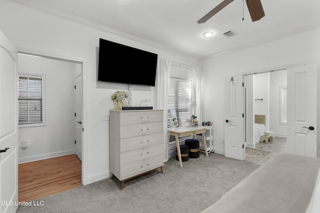 bedroom with light carpet, crown molding, multiple windows, and ceiling fan