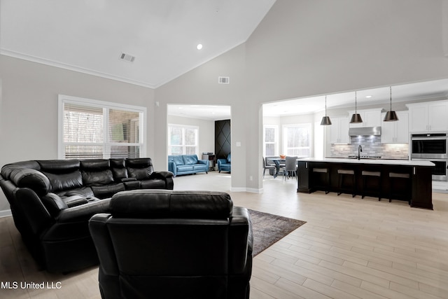 living room with high vaulted ceiling, crown molding, light hardwood / wood-style flooring, and sink