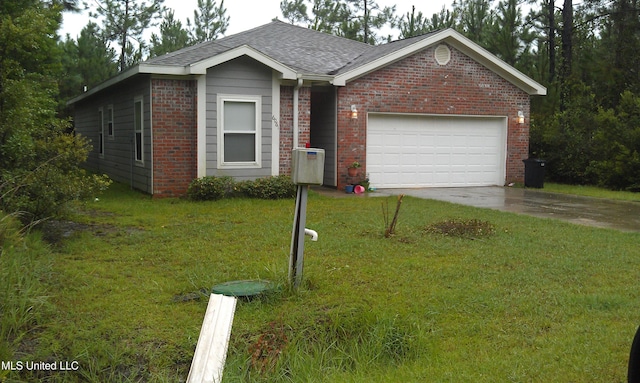 ranch-style house featuring brick siding, a shingled roof, a front lawn, concrete driveway, and a garage