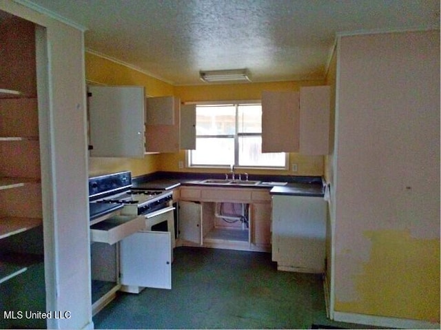 218 Summerhaven Dr, Yazoo City, MS 39194 - kitchen with gas stove, crown molding, a textured ceiling, dark countertops, and a sink