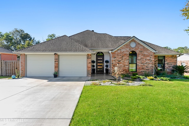 ranch-style home with a front lawn and a garage