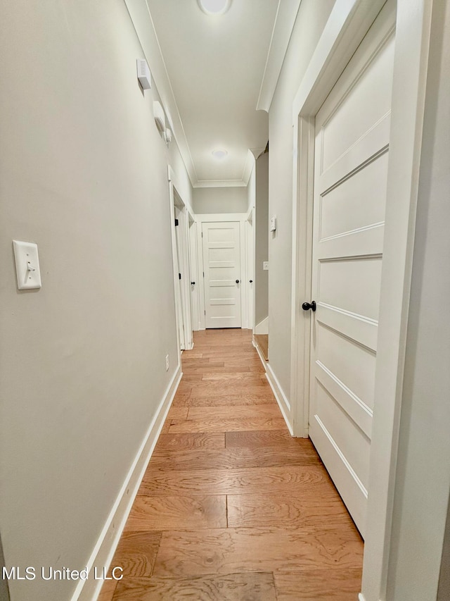 hallway featuring ornamental molding and light hardwood / wood-style floors