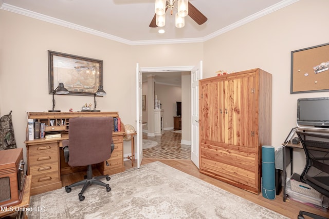 office space with ceiling fan, light hardwood / wood-style flooring, and crown molding