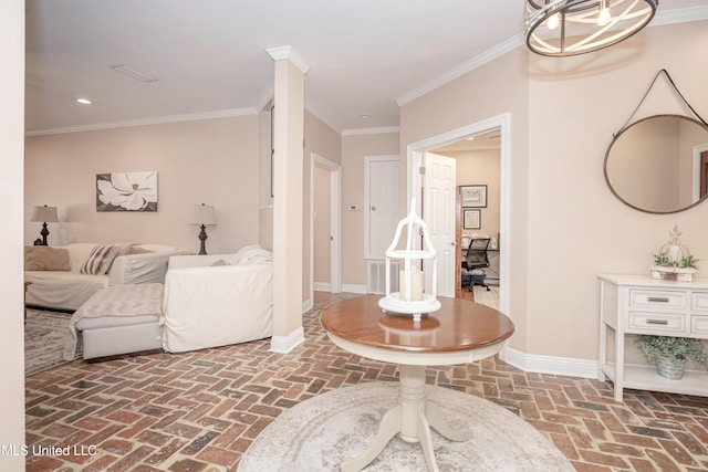 living room with crown molding