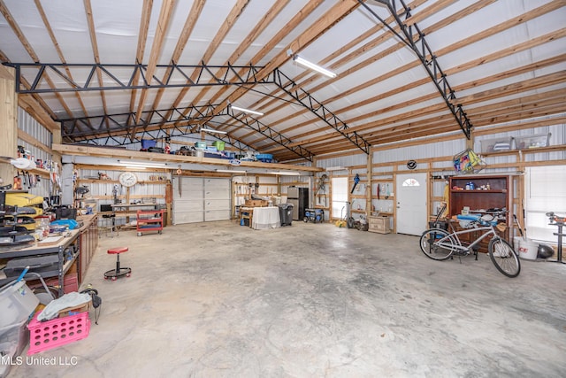 garage with a workshop area